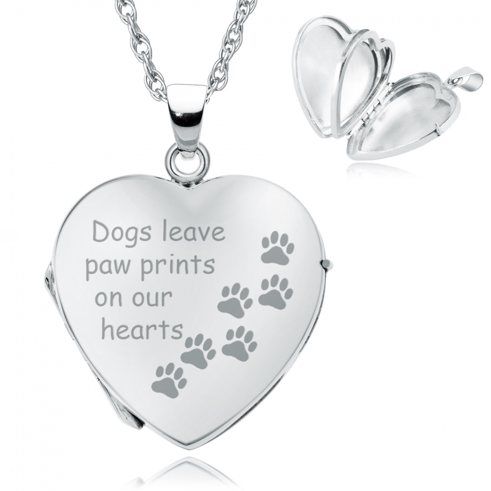 Dogs Leave Paw Prints on our Hearts, Sterling Silver 4-photo Heart Locket Necklace (can be personalised)