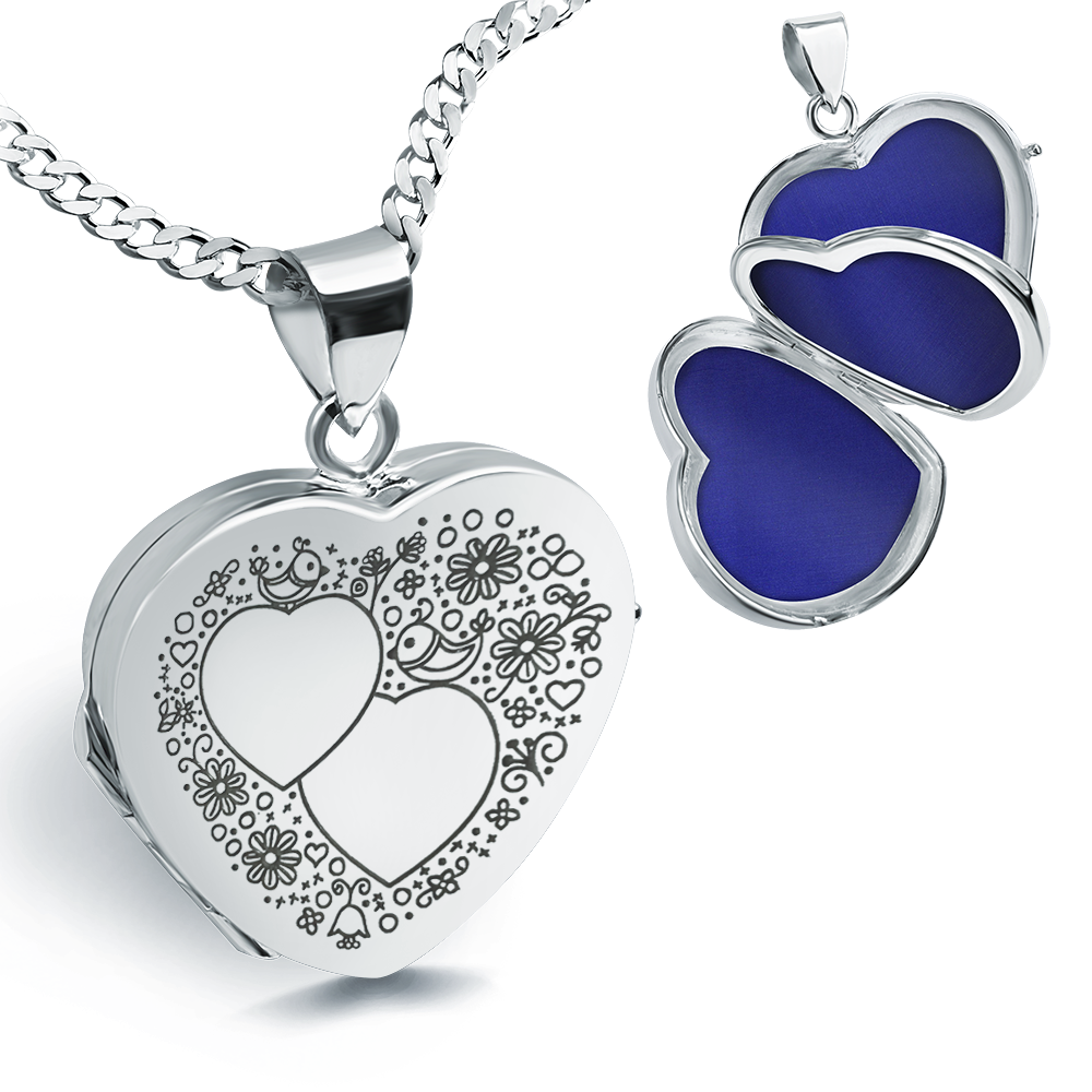 Personalised Couples Double Heart Locket Necklace, Bird & Flower, Sterling Silver
