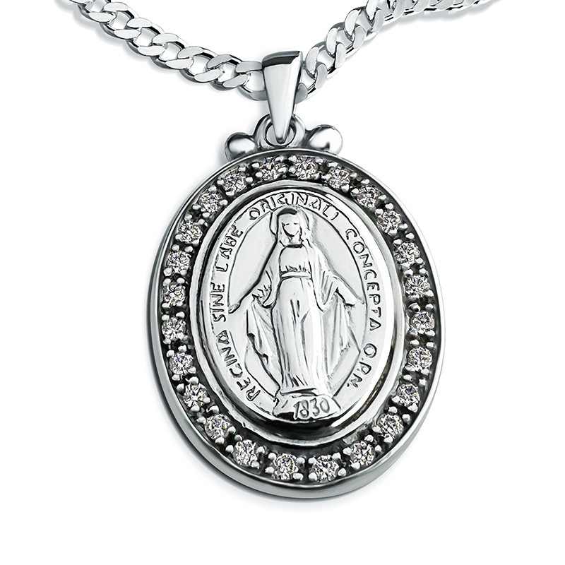 Miraculous Medal Necklace, Cubic Zirconia  Sterling Silver