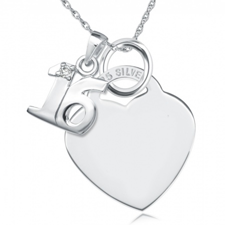 16th Birthday Sterling Silver Heart with Single Cubic Zirconia 16 Necklace (can be personalised)