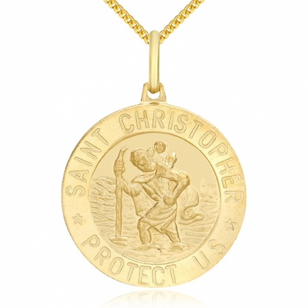 St Christopher Necklace, Personalised, 9ct Gold, Round