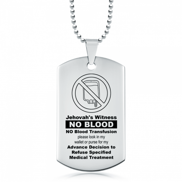 No Blood Medical Alert Dog Tag Necklace, Personalised, Jehovah's Witness version available