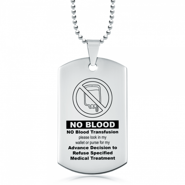 No Blood Medical Alert Dog Tag Necklace, Personalised, Jehovah's Witness version available