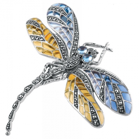 Dragonfly Brooch, Enamel, Marcasite & Sterling Silver