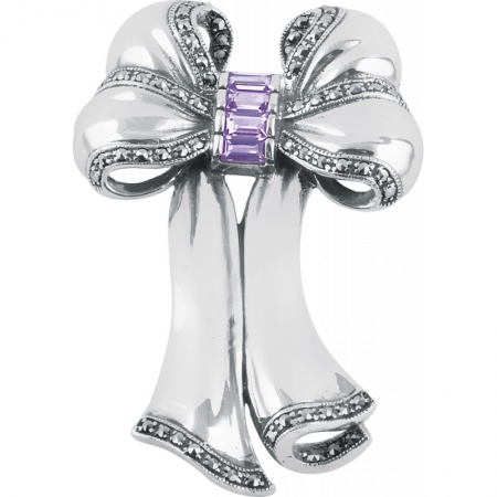 Bow Brooch, Victorian Art Nouveau Style, Sterling Silver & Amethyst