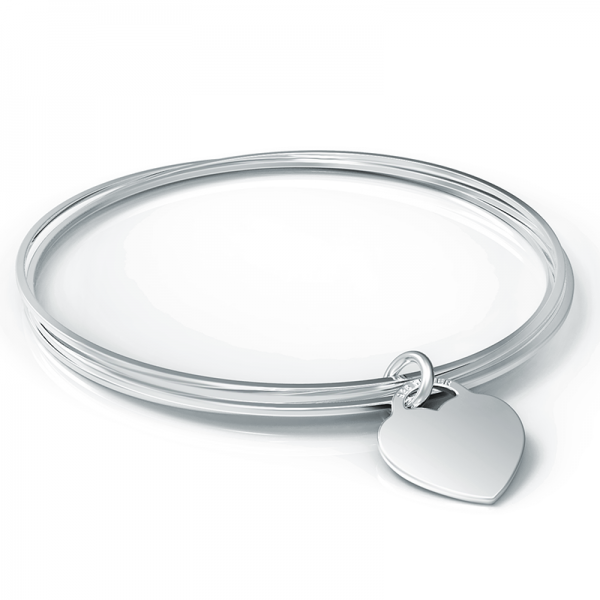 Ladies Triple Russian Flat Slave Sterling Silver Bangles with Heart (can be personalised)