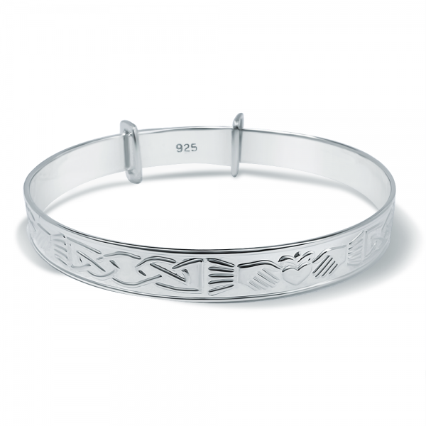 Claddagh Pattern Babies Bangle, Personalised, Sterling Silver