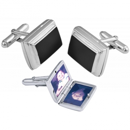Locket Cufflinks, Onyx & Sterling Silver (Engraving Available) XOP