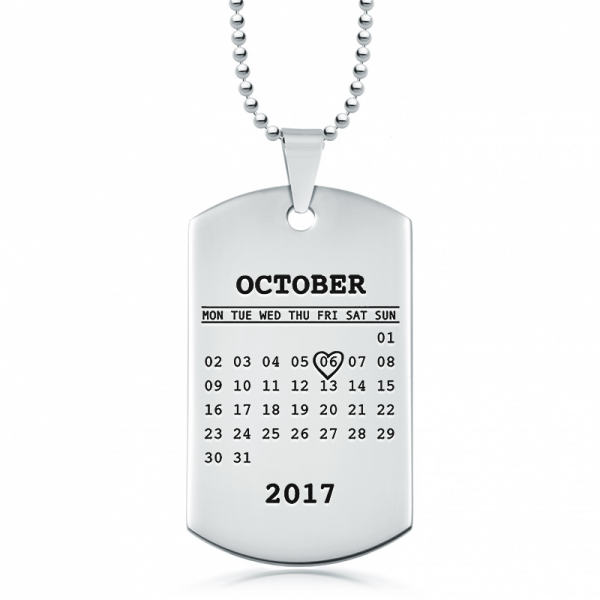 Personalised Calendar Dog Tag Necklace, Mens or Womens, Stainless Steel