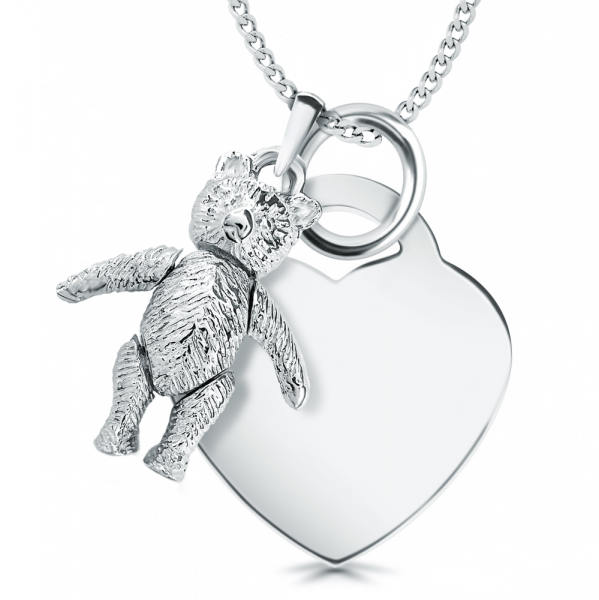 Moveable Teddy Bear & Heart Shaped Sterling Silver Necklace (can be personalised)