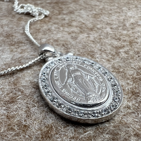 Miraculous Medal Necklace, Personalised, Cubic Zirconia & Sterling Silver