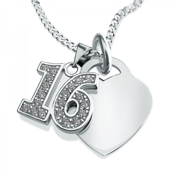 16th Birthday Heart & Cubic Zirconia Number 16 Sterling Silver Necklace (can be personalised)