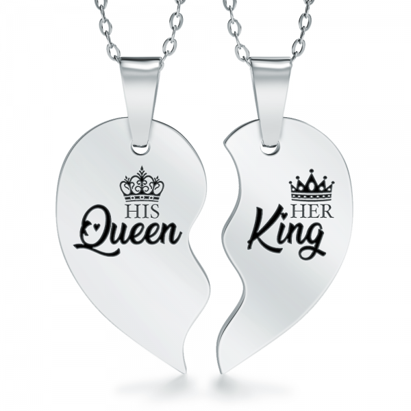 His Queen, Her King Necklaces, Personalised, Split Heart, Sharing, Couple