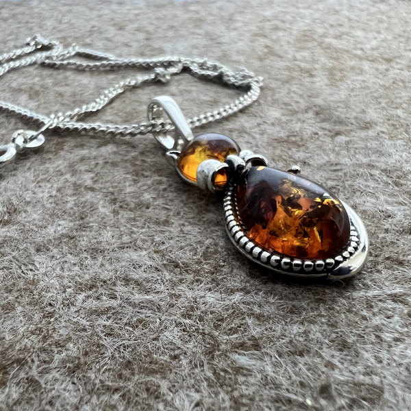 Amber Sitting Cat Necklace, Sterling Silver, with Bow Tie