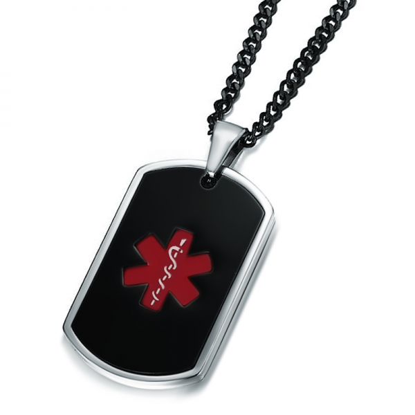 Medical Alert Dog Tag Necklace, Personalised, Black Enamel EMS