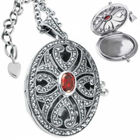 Marcasite & Garnet Oval Locket, Sterling Silver with Chain