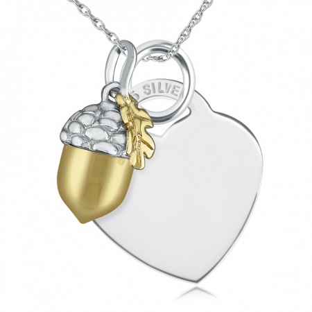 Acorn & Heart Necklace, Personalised, Sterling Silver & Yellow Gold Vermeil