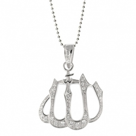 Large Allah Necklace, 925 Sterling Silver & Cubic Zirconia & Sterling Silver