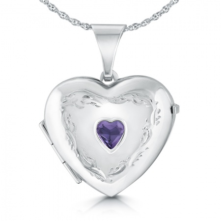 Amethyst Heart Locket, Personalised, Sterling Silver
