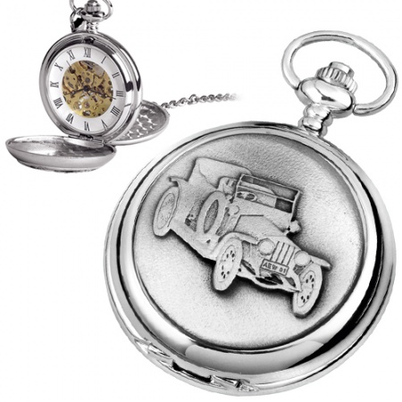 Old Classic Car Pewter Mechanical Skeleton Pocket Watch (can be personalised)