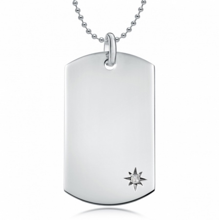 April Birthstone Dog Tag Necklace, Personalised Engraving, Sterling Silver, Diamond