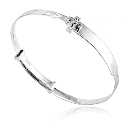 Babies Bangle with Cubic Zirconia Cross, Sterling Silver (can be personalised)