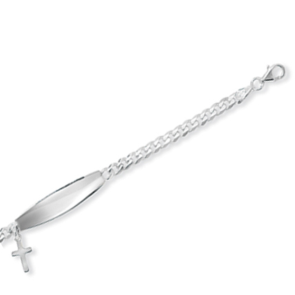Childs ID Bracelet with Cross, Sterling Silver (Engraving Available)