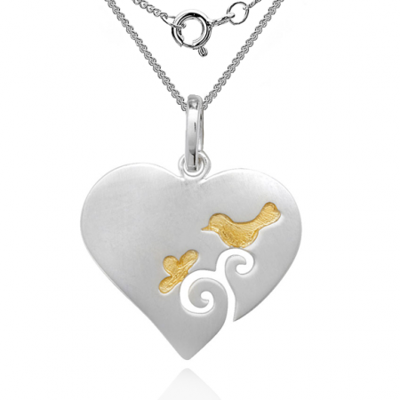 Bird & Scroll Heart Necklace, Personalised, Two Tone Sterling Silver