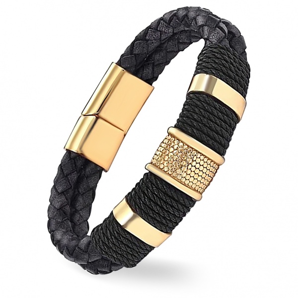 Mens Black & Gold Leather Wrap Around Bracelet, with Personalisation