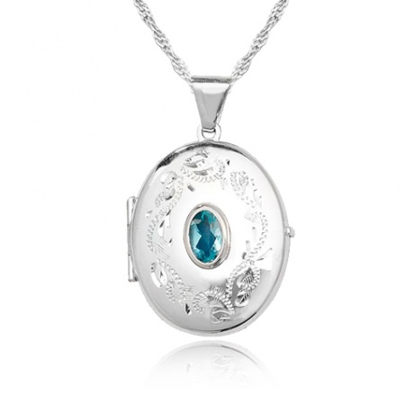 Blue Topaz Sterling Silver Engraved Locket Necklace