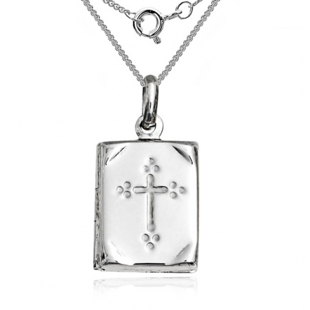 Book Locket with Embossed Cross Sterling Silver (can be personalised)