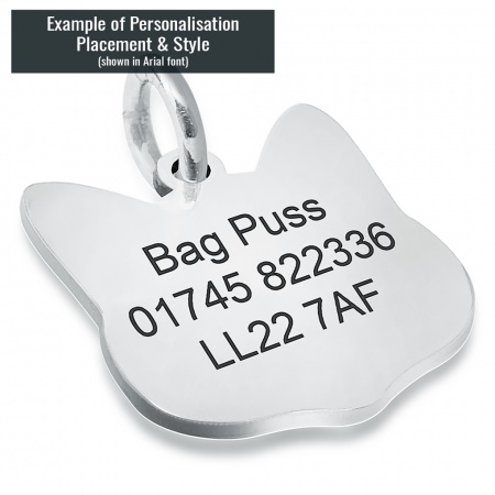 Cat Pet Tag, Personalised, Sterling Silver, Cat Face