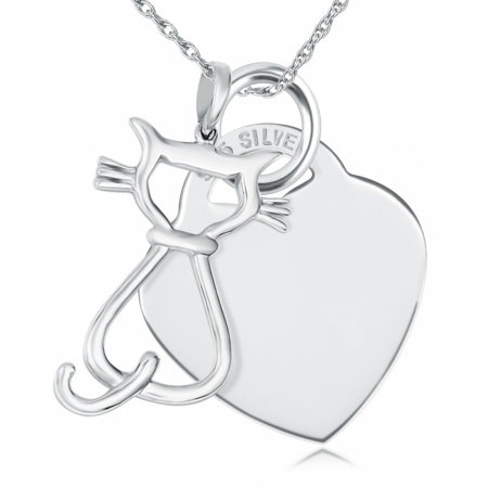 Cat Silhouette Necklace, Personalised, Heart, Sterling Silver