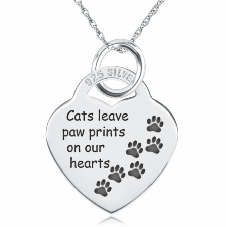 Cats Leave Paw Prints on our Hearts Heart Shaped Sterling Silver Necklace (can be personalised)