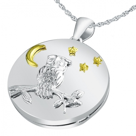 Child's Owl, Moon & Stars Locket, Personalised, Sterling Silver, Gold Vermeil