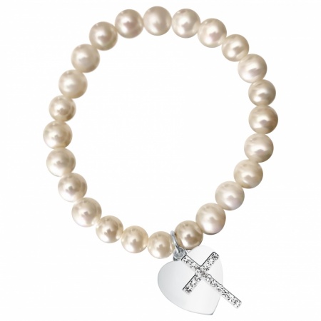 Child's Heart & Cross Pearl Bracelet, Personalised, Sterling Silver