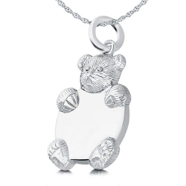 Childs or Womens Teddy Bear Necklace with Personalised Engraving, Sterling Silver