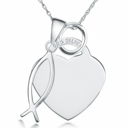 Ichthys Jesus Fish & Heart Necklace, Personalised, Sterling Silver