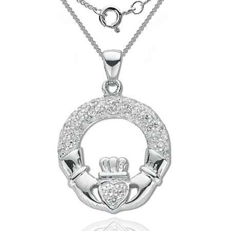 Claddagh Necklace, Pave Set Cubic Zirconia & 925 Sterling Silver