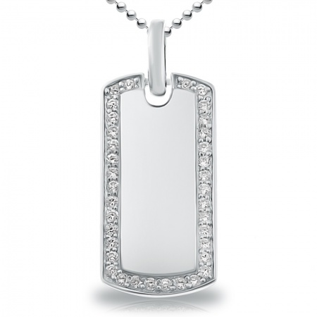 Dog Tag with White Cubic Zirconia Border 925 Sterling Silver (can be personalised)