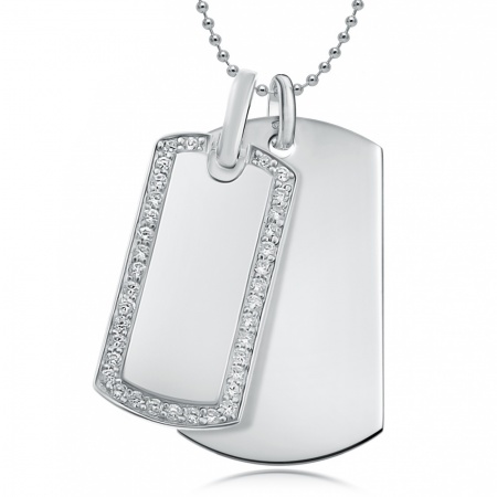 Double Sterling Silver Dog Tags with Cubic Zirconia Border (can be personalised)