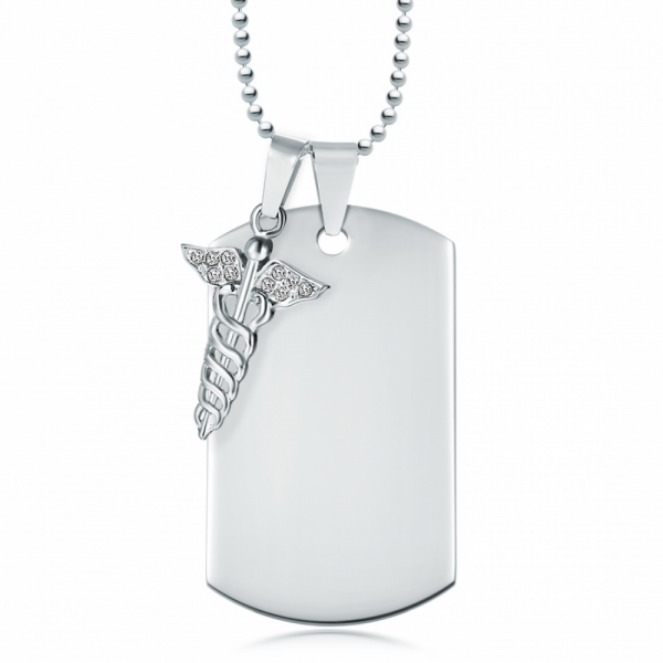 Personalised Medical Alert Dog Tag Necklace with Caduceus Charm, Stainless Steel, Engraved