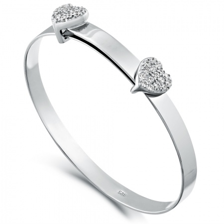 Cubic Zirconia Double Heart Baby Bangle, Sterling Silver (can be personalised)