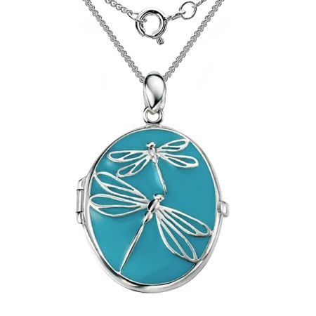 Dragonfly Locket, Blue Enamel & Sterling Silver (Engraving Available)