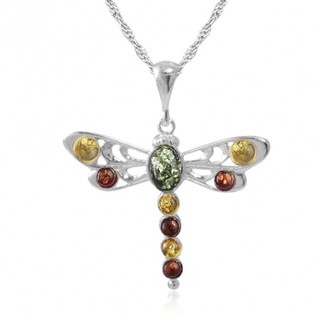 Dragonfly Sterling Silver & Mixed Amber Necklace