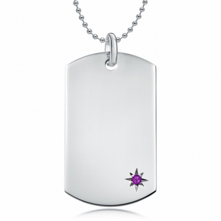 February Birthstone Dog Tag Necklace, Personalised Engraving, Sterling Silver, Amethyst