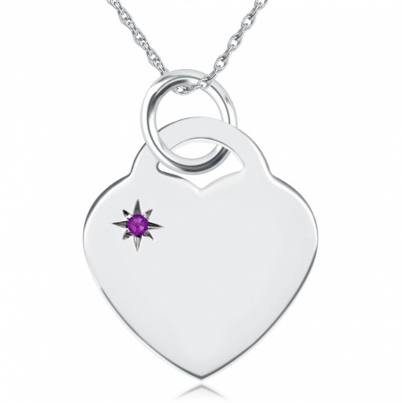 February Birthstone Heart Necklace, Personalised Engraving, Sterling Silver, Amethyst