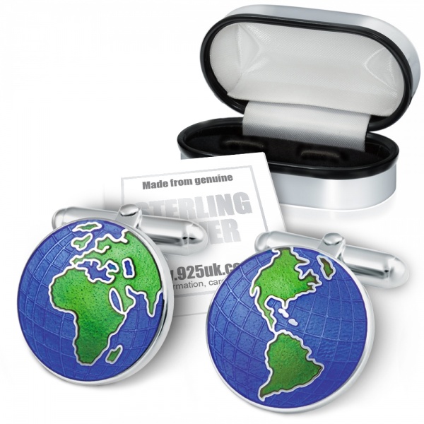Globe Cufflinks, Colour Enamel & Sterling Silver (Engraving Available)