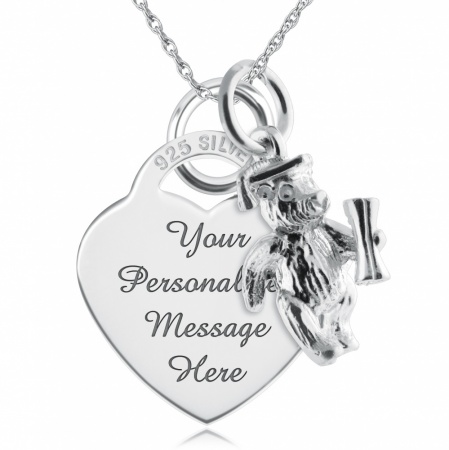 Graduation Teddy & Heart Necklace, Personalised / Engraved Sterling Silver