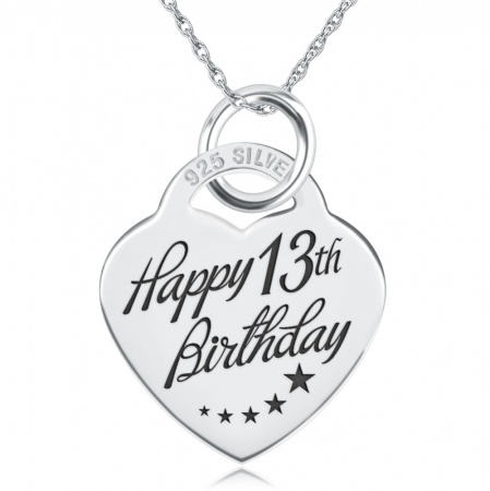 13th Birthday Stars Design Heart Shaped Sterling Silver Necklace (can be personalised)